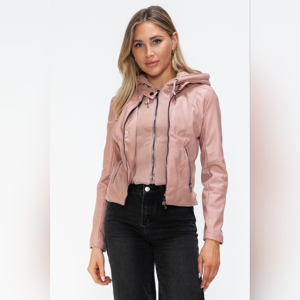 Women's 2 Pcs Pink Hooded Vegan Leather Jacket